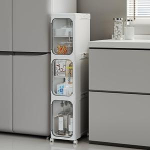 3-Tier Tall Narrow Storage Cabinet, Slim Bathroom Storage Cabinet with Adjustable Shelves and Wheels, Narrow Organizer for Small Space, Bathroom, Kitchen, Laundry, White