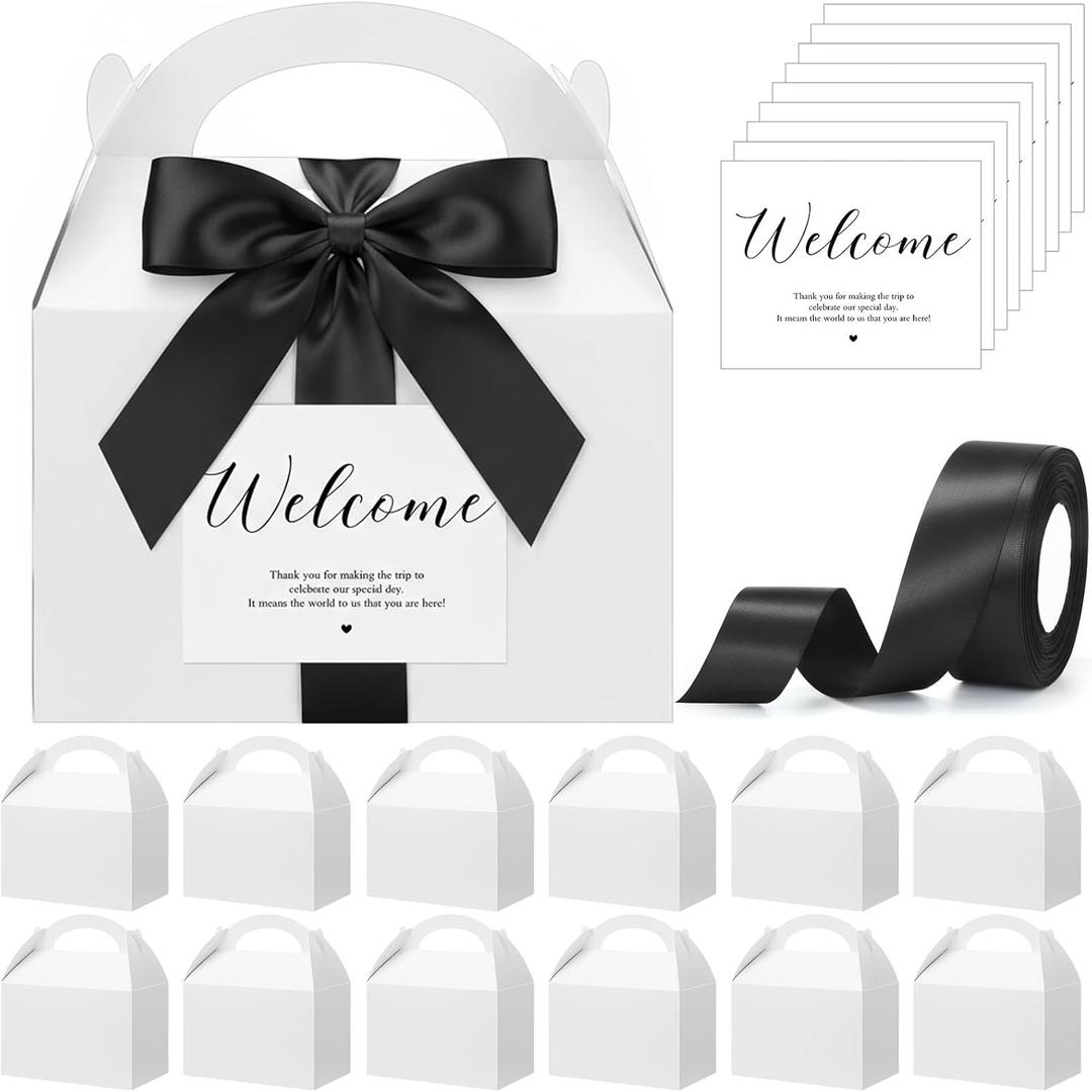 Maitys 24 Set Welcome Gable Boxes with Ribbon and Label 9x6x6'' Wedding Gift for Guests Large Paper Welcome Boxes for Wedding Bridal Baby Shower Party Favors (Black)