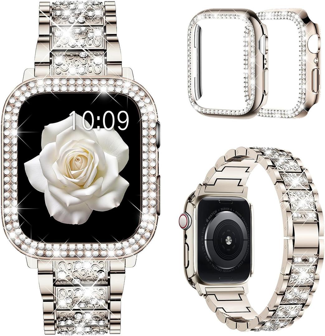 Mosonio Compatible with Apple Watch Band 38mm 40mm 41mm 42mm 44mm 45mm 46mm 49mm with 2 Pack Case Women, Jewelry Replacement Metal Bands Strap with Bling PC Protective Case for iWatch Ultra SE Series 11/10/9/8/7/6/5/4/3/2/1 (Sizes Vary By Mode) (Champagne)