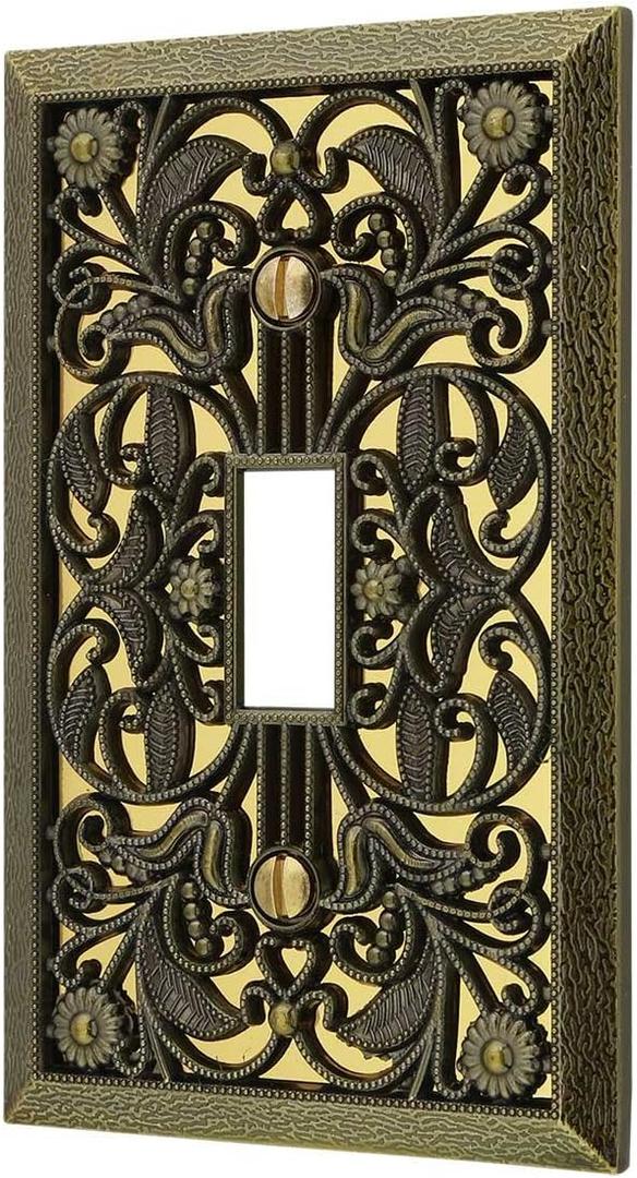 Amerelle 65TAB Filigree Wallplate, 1 Toggle, Antique Brass