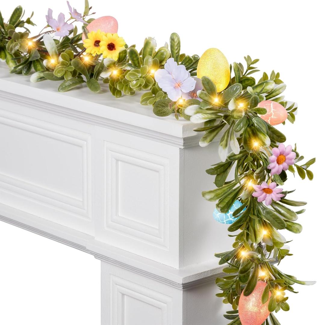 6 FT Pre-Lit Easter Garland with 20 LED Lights & 8 Mode Timer, Lighted Pastel Easter Egg Garland for Mantle Decorations, Olive Spring Garland with Artificial Egg & Flower for Fireplace Table Holiday
