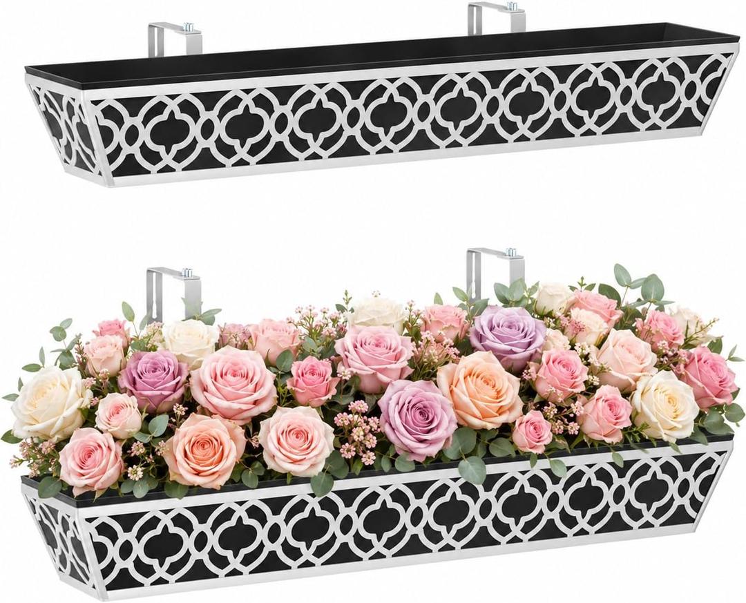 LAWYAMAI 2 Pack 24 Inch Railing Planter Boxes with Adjustable Brackets & Non-Woven Liner, Deck Window Hanging Flower Box for Balcony, Fence, Patio, Outdoor Garden, Gray