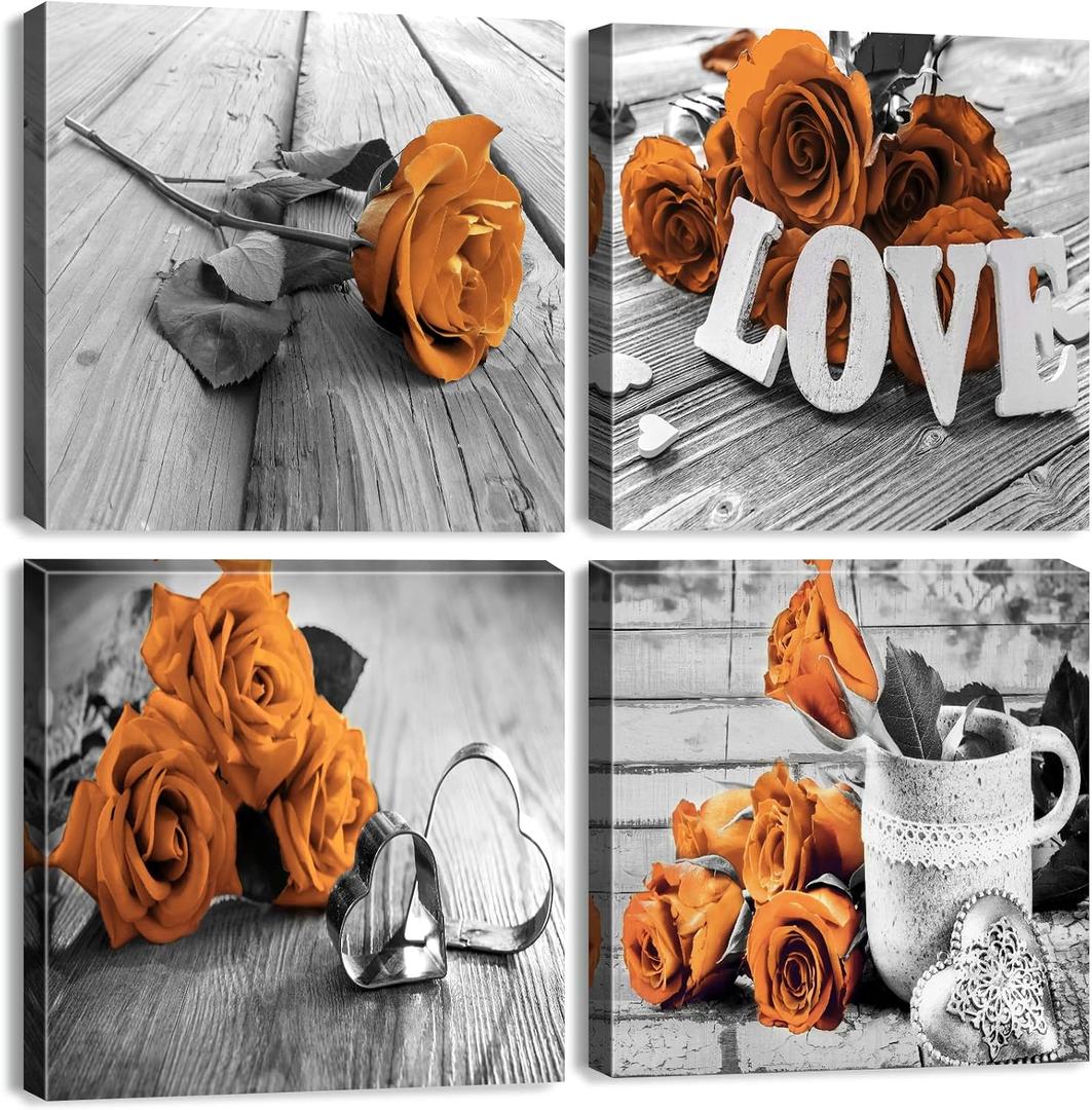 Burnt Orange Canvas Wall Art Flowers Pictures Wall Decor for Living Room Vintage Rose Paintings Bathroom Decor Rustic Farmhouse Floral Posters Modern Artworks Kitchen Home Decorations 12x12 4Pcs