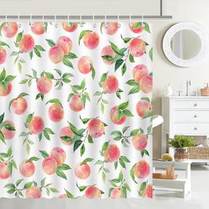 Mocsicka Peach Shower Curtain Cute Fruits Bathroom Shower Curtain Peach Waterproof Fabric Shower Curtain Bathtub Decor with 12 Hooks 72 X 72 Inch