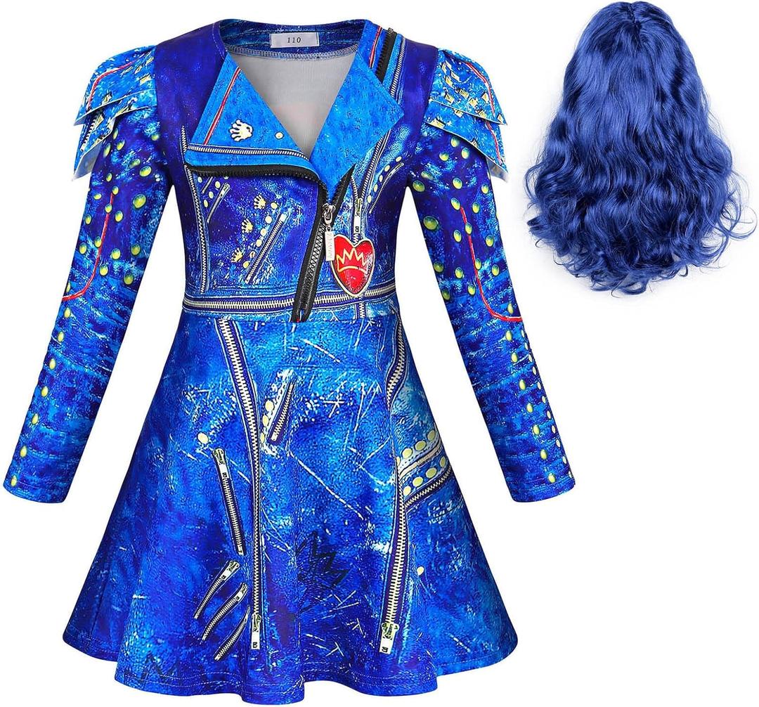 MetCuento Princess Costume for Girls Birthday Party Supplies Outfits Kids Zipper Jacket Long Sleeve Dress with Wig size 7-8