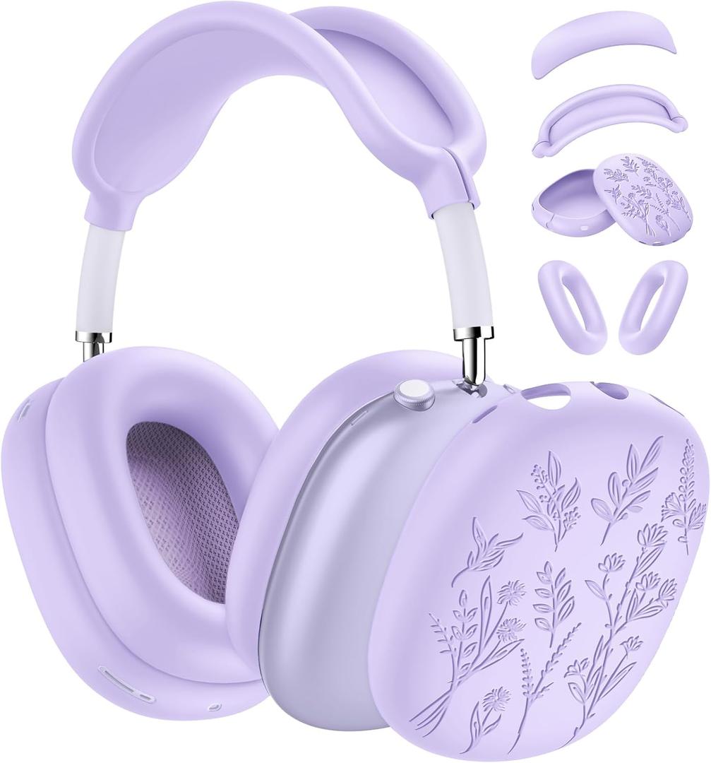 [4 in 1] Flower Engraved Silicone Case Cover for AirPods Max USB-C (2024), Anti-Scratch Sweat-Proof Ear Pad Case Cover/Ear Cups Cover/Headband Cover Accessories for AirPods Max Headphones (Purple)