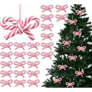 Hungdao 24 Pcs Bow Candy Cane Christmas Ornaments Pink and White Christmas Tree Decoration Stripe Candy Cane Hanging Ornament Polymer Clay Peppermint Pendant for for Xmas Tree Home Party Holiday Decor