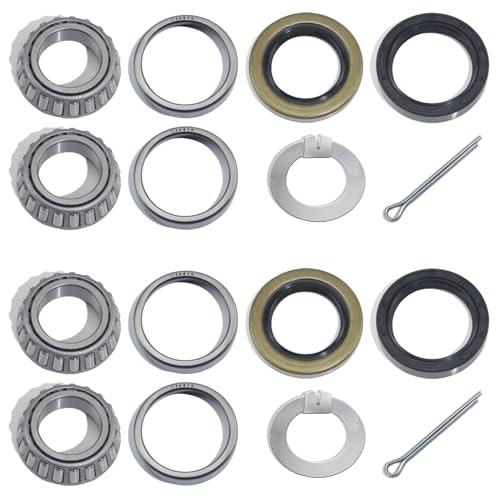 GREPSPUD 2Sets for 1-1/16'' Axle Trailer Hub Bearings Kits, L44649/L44610 Bearings Set with D-style Spindle Tang Washers, 12192TB 15192TB Grease Seals Cotter Pins for 2000-2200lbs BT9 Straight Spindle