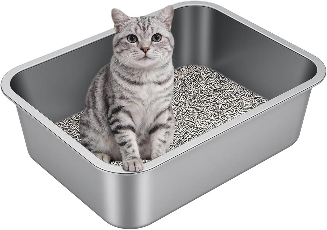 Stainless Steel Litter Box with High Sided, Metal Cat Litter Box, Odor-Free, Non-Stick Litterbox Pan, Easy to Clean Pet Supplies Toilet Tray for Indoor Cats, Kittens or Multicat Homes