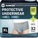 SUNKISS Super Soft Incontinence Underwear for Men, Daytime Disposable Adult Pull Ups, Men's Protective Briefs with Maximum Absorbency, XLarge, Grey, 32 Count