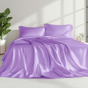 Love's Cabin Full Size Satin Sheet Set - 4 Piece Lavender, Silky Satin, Deep Pocket, Luxury Silk Feel, Full Bedding Set (1 Flat, 1 Fitted, 2 Pillow Cases)