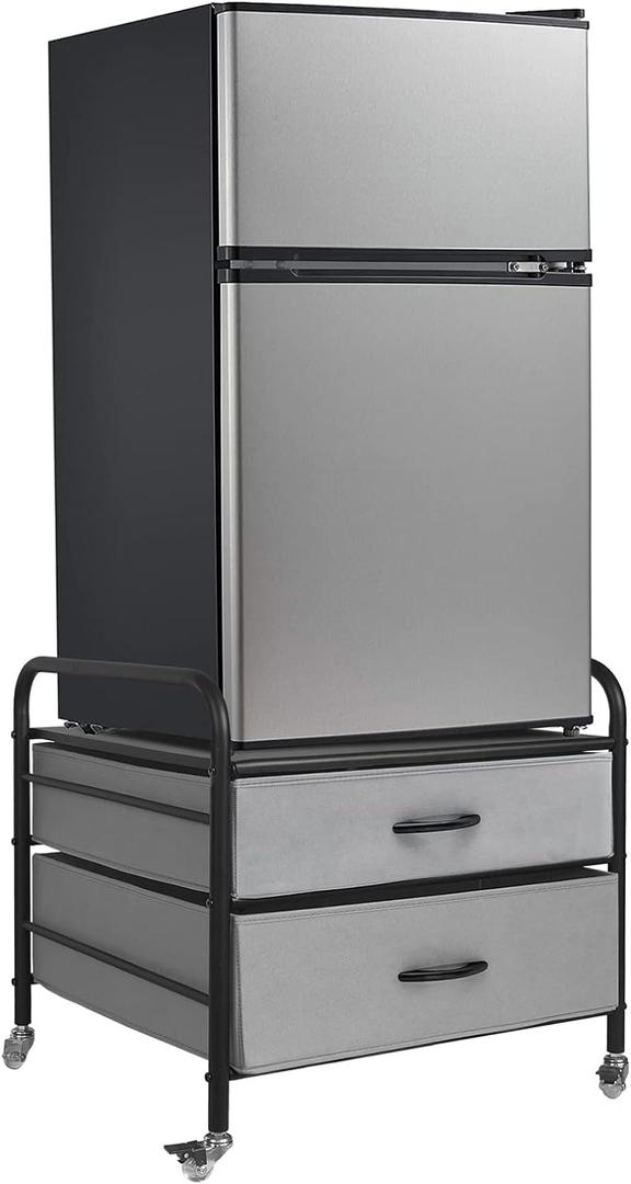 EazeHome Mini Fridge Stand, Fridge Stand with Storage, 2 Drawer Fridge Cart, Organizer Unit for Mini Fridge, Fridge Stand with Metal Frame and Fabric Drawers, Mini Fridge Table with 4 Swivel Wheels, 23.62 x 22.28 x 22.17 inches