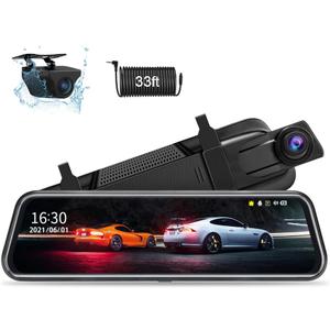 Upgraded 10'' Rear View Mirror Camera Mirror Dash Cam Front and Rear 1080P Backup Camera Full Touch Screen w Loop Recording, G-Sensor Night Vision 170 Wide Angle