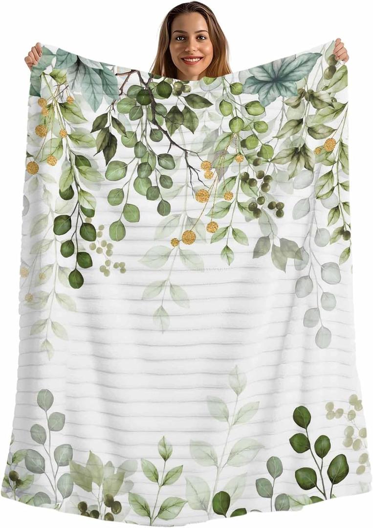 Sage Green Eucalyptus Throw Blanket, Farmhouse Leaves Fluffy Soft Blankets for Couch Bed Travel, Botanical Floral Plush Microfiber Striped Flannel Blankets, Lightweight Sofa Blankets 30"x40"