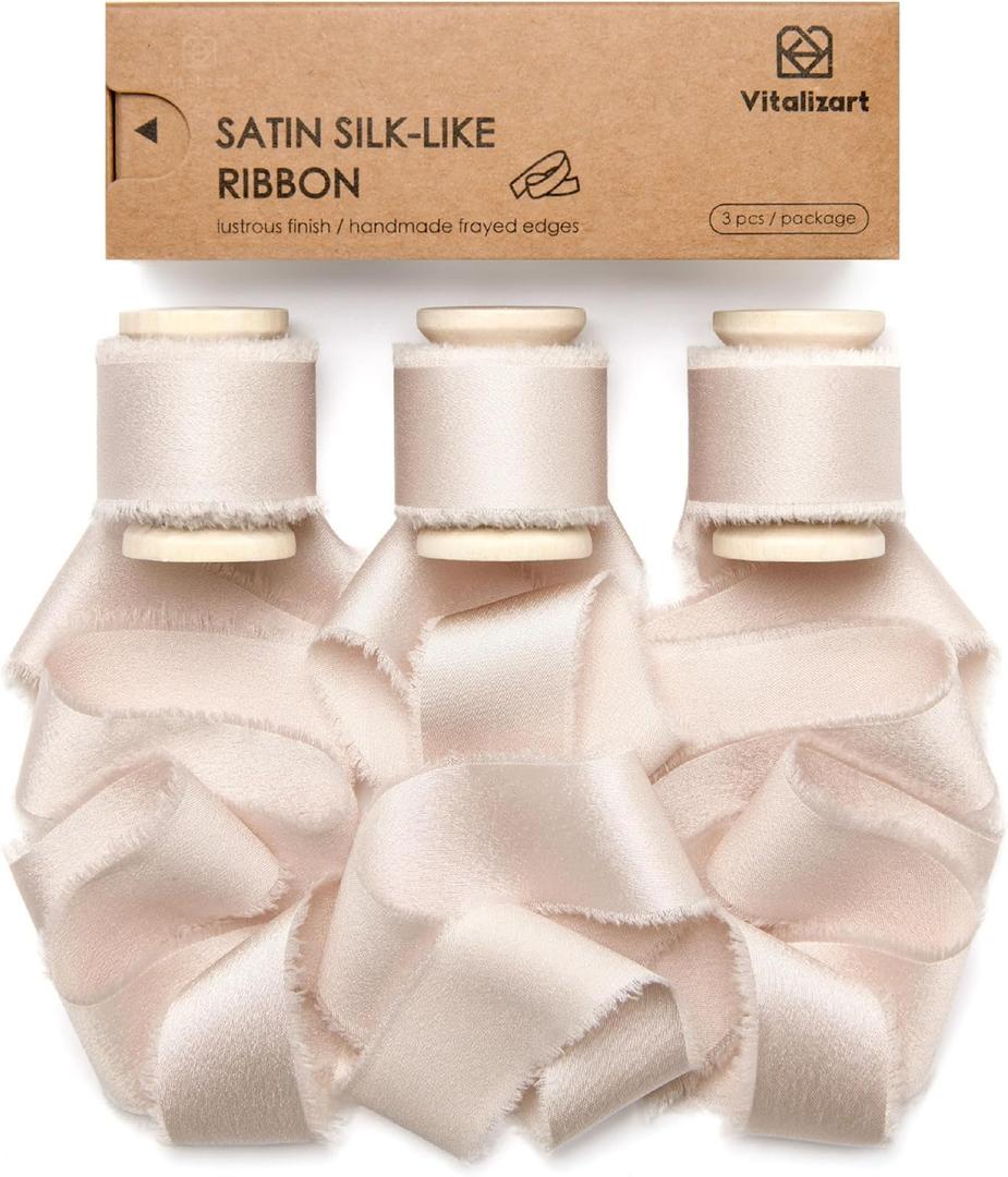 Vitalizart Silk Satin Ribbon 1 Inch x 15 Yard Wooden Spool Light Nude Handmade Frayed Ribbon for Gift Wrapping Baby Shower Wedding Bridal Bouquets Holiday Decor 3 Rolls x 5 Yard