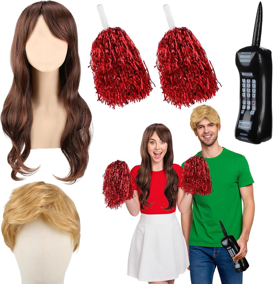 5 Pieces 90s Vintage Style Cheerleader Couple Costume Halloween TV Series Costume Includes Inflatable Mobile Phone Cheerleading Poms Wigs with Hair Net for Adults Cosplay Party Accessories