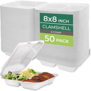 Freshware Compostable Clamshell Food Containers [8x8"] 3-Compartment 50-Pack, Disposable Containers, Biodegradable Sugarcane To Go Boxes - Paper Food Containers - Microwave & Freezer Safe, Stackable