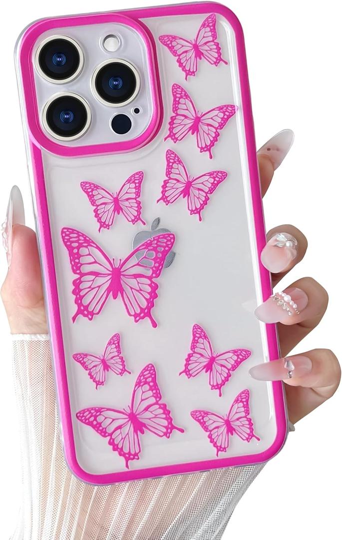 Yeddabox Compatible for iPhone 13 Pro Case Butterfly Cute Phone Case Transparent Full Camera Protection Soft TPU Shockproof Cover for Women Girls - Hot Pink