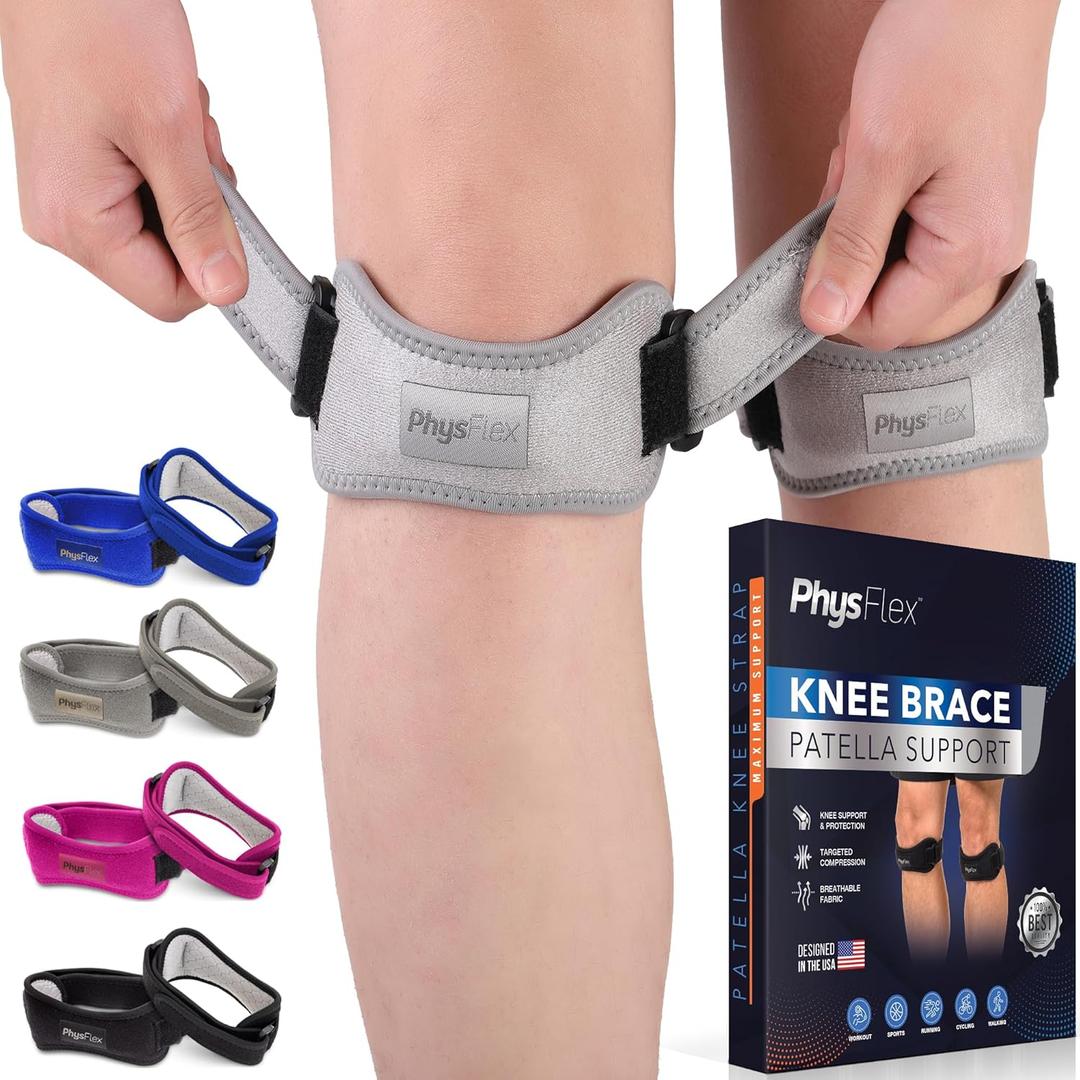PhysFlex 2 Pack Patella Knee Brace - Knee Support and Pain Relief, Running, Hiking, Basketball, Jumpers Knee, Tendonitis, Adjustable Strap Patellar Tendon Stabilizer (Gray)