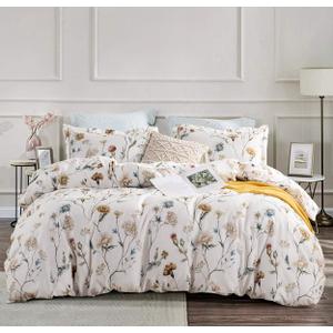 SLEEPBELLA Comforter Queen Size, 600 Thread Count Cotton White Printed with Blue & Blush Flowers Cotton Comforter Set,Down Alternative Bedding Set 3Pcs (Queen, White Floral)