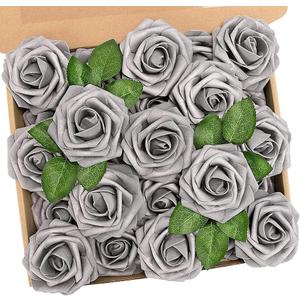 N&T NIETING Artificial Flowers, Fake Flowers Roses Perfect for DIY Wedding Bridal Bouquets Centerpieces Bridal Shower Party Home Flower Arrangement Decorations, 25Pcs, Silver Gray
