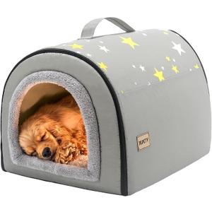 Jiupety Indoor Dog House, 2 in 1 Portable Foldable House Bed with Cover, Pet Tent & Cave Bed for Small Medium Dog, L(21"17"15"), Up to 16 Lb, Grey