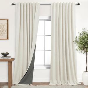 Extra Wide Blackout Curtains for Living Room, 96 Inch Long 2 Panel Set Linen Thermal Insulated Window Curtain with Pleated Back Tab, Light Blocking Energy Efficient Drapes for Sliding Glass Doors (Cream Beige)