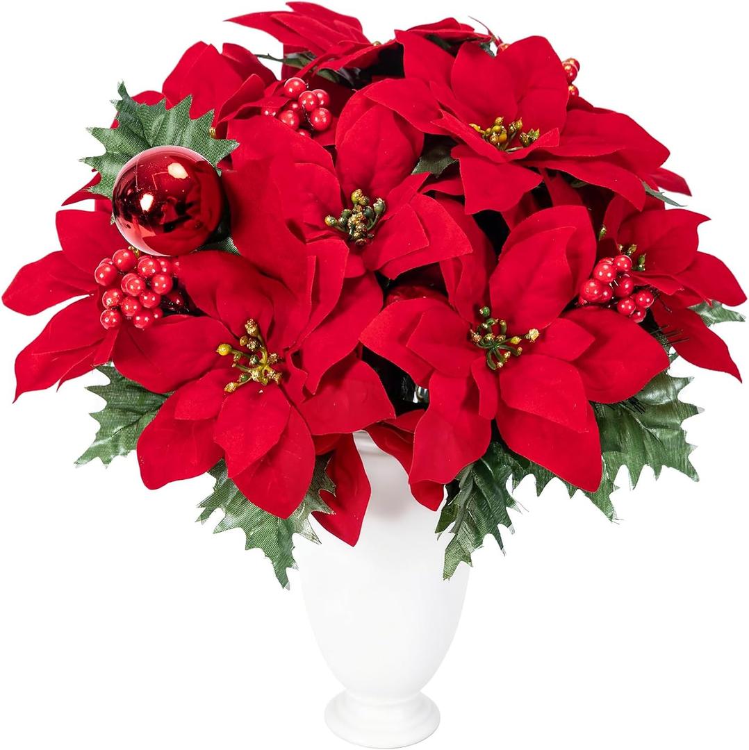 FUANGUI 4 Bundles Poinsettias Artificial Christmas Thanksgiving Red Velvet Flowers Bouquet Floral with Pine Needle Holly Berries Holly Leaves for Home Wedding Xmas Tree Decoration Vase Garland Wreath
