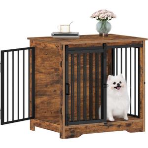 27.2" Dog Crate Furniture with Barn Door, Heavy Duty Dog Kennel Indoor with 2 Doors, Wooden Pet Cage End Table for Small Medium Dogs up to 22 lb, Anti-Chew Anti-Escape, Rustic Brown DFC84301B