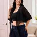 Women's Plus Size Sheer Mesh Chiffon Blouses Tie Front Half Sleeve Crop Cardigan Shrug (Black, L)