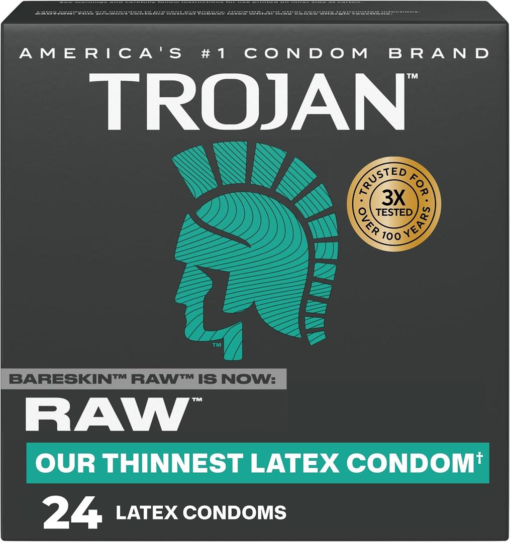 Trojan Raw Latex Lubricated Thin Condoms for Men, Americas Thinnest Latex Condoms, Made from Premium Latex to Help Reduce Risk of Pregnancy and Sexually Transmitted Infections (STIs), 24 count