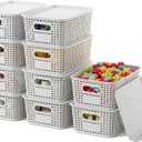 Plastic Storage Basket with Lids 10 Pack Stackable Storage Bins Containers with Lid, Decorative Storage Boxes for Organizing Shelves, Drawers, Playroom, Classroom, Office, Closet, White