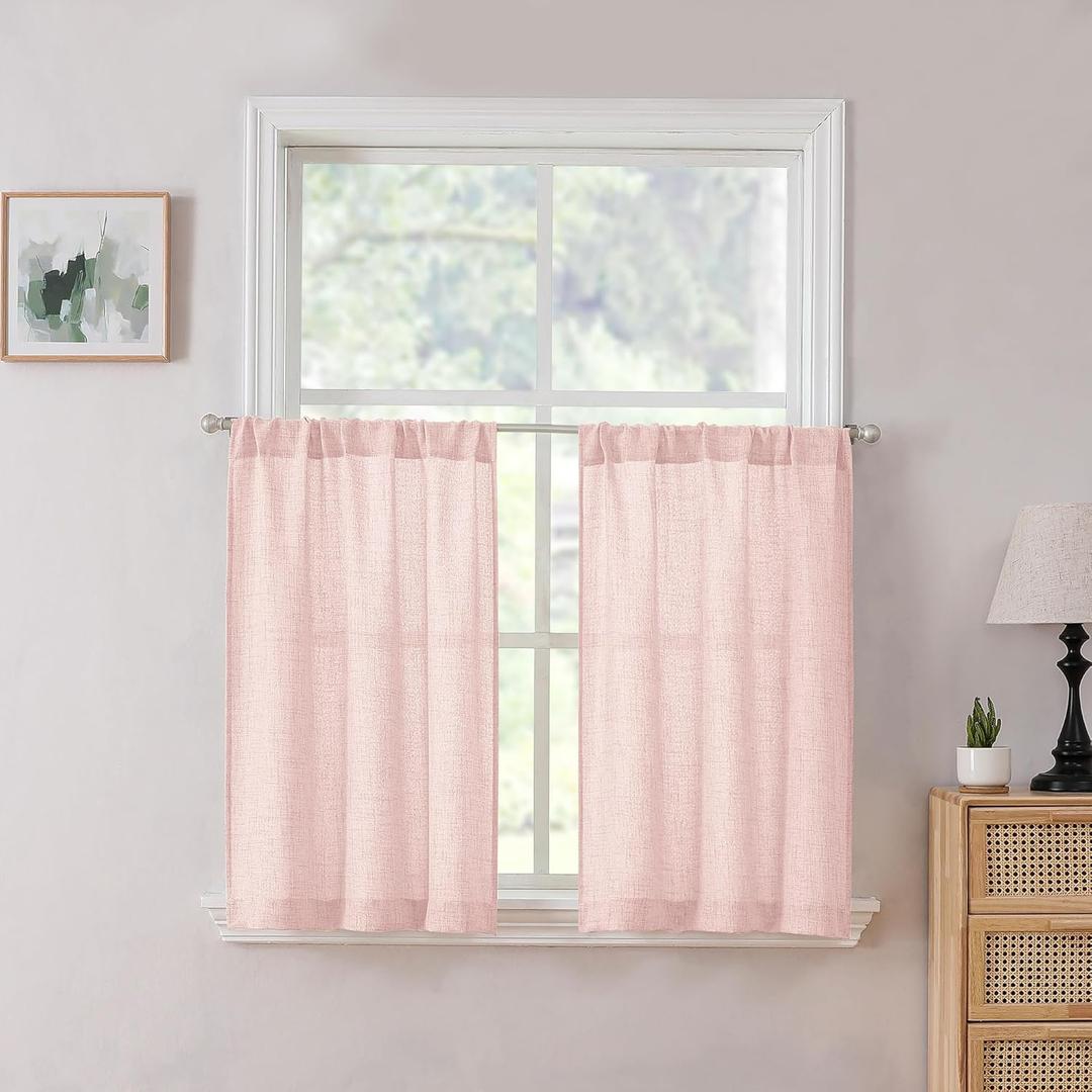 Short Linen Tier Curtains Rod Pocket Semi Sheer Half Kitchen Curtain Burlap Light Filtering Thick Linen Drapes for Bathroom, 41X20  inches Long, Pink, Set of 2 Panels