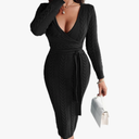 CHICME Elegant Cable Knit Wrap Dress for Women Long Sleeve V Neck Tie Waist Midi Sweater Dress.L