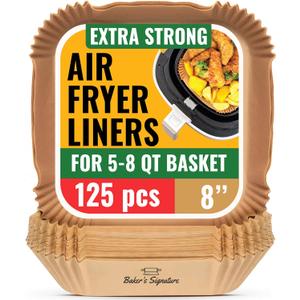 Air Fryer Paper Liners, 125Pcs Air Fryer Disposable Liners, Non-Stick and Oil Proof for Easy Cleanup, 8 Square for 5-8 qt Basket by Baker's Signature