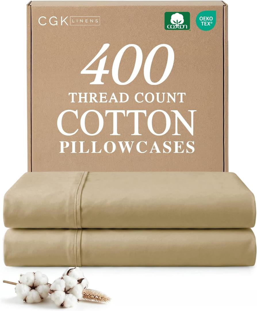 100% Cotton Pillow Cases King Size - Cooling, Breathable & Soft Pillowcase Covers Set of 2 - 400 Thread Count Cotton - Wrinkle & Fade Free - Machine Washable Protectors - Luxury Hotel Bedding - Beige