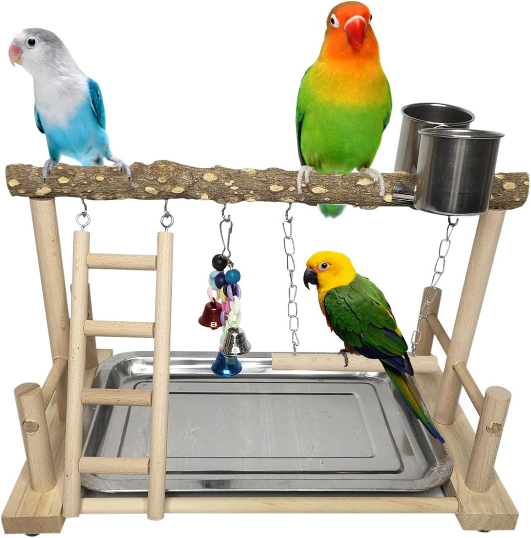 PINVNBY Bird Playground Parrot Playstand Birds Play Stand Wood Exercise Perch Gym Stand Playpen Ladder with Feeder Cups Hanging Swing Toys for Parakeet Conure Cockatiel Budgie Cage Accessories