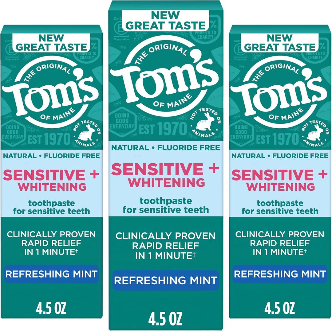 Toms of Maine Sensitive Plus Whitening Fluoride Free Toothpaste, 4.5 Oz, 3 Pack, Rapid Relief Sensitive Toothpaste, Enamel Safe, Builds an Arginine and Calcium Shield Around Teeth, Mint
