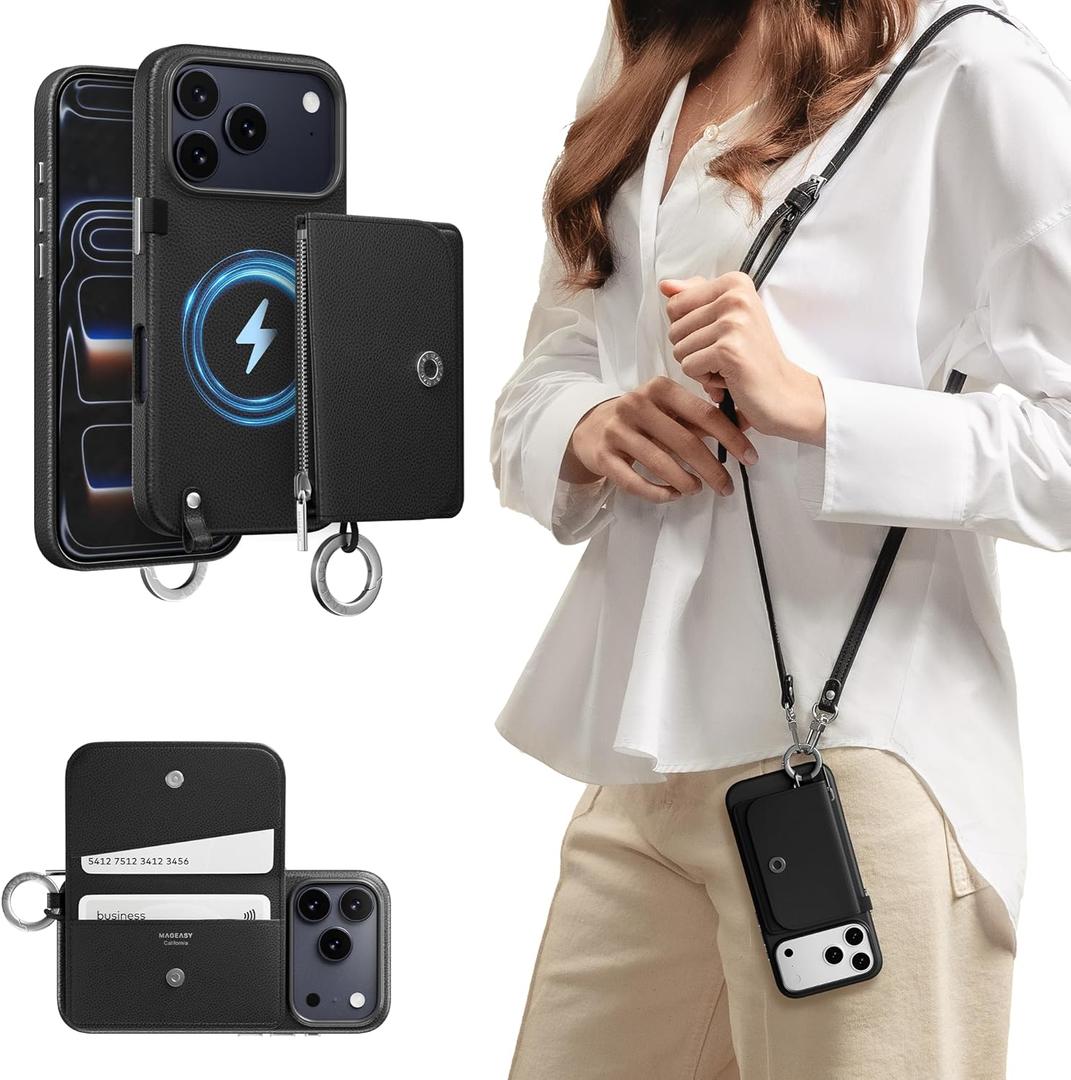 MAGEASY Designed for Phone 17 Pro Wallet Case with Crossbody Strap - Compatible with MagSafe Detachable Coin Purse & Card Slot, Leather Crossbody Lanyard, 16ft Drop Protection | Pouch M (Black)