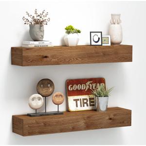 Wall Floating Shelves, Rustic Wood Wall Shelf Handmade (Light Walnut, 24 Inch - 2 Pack)