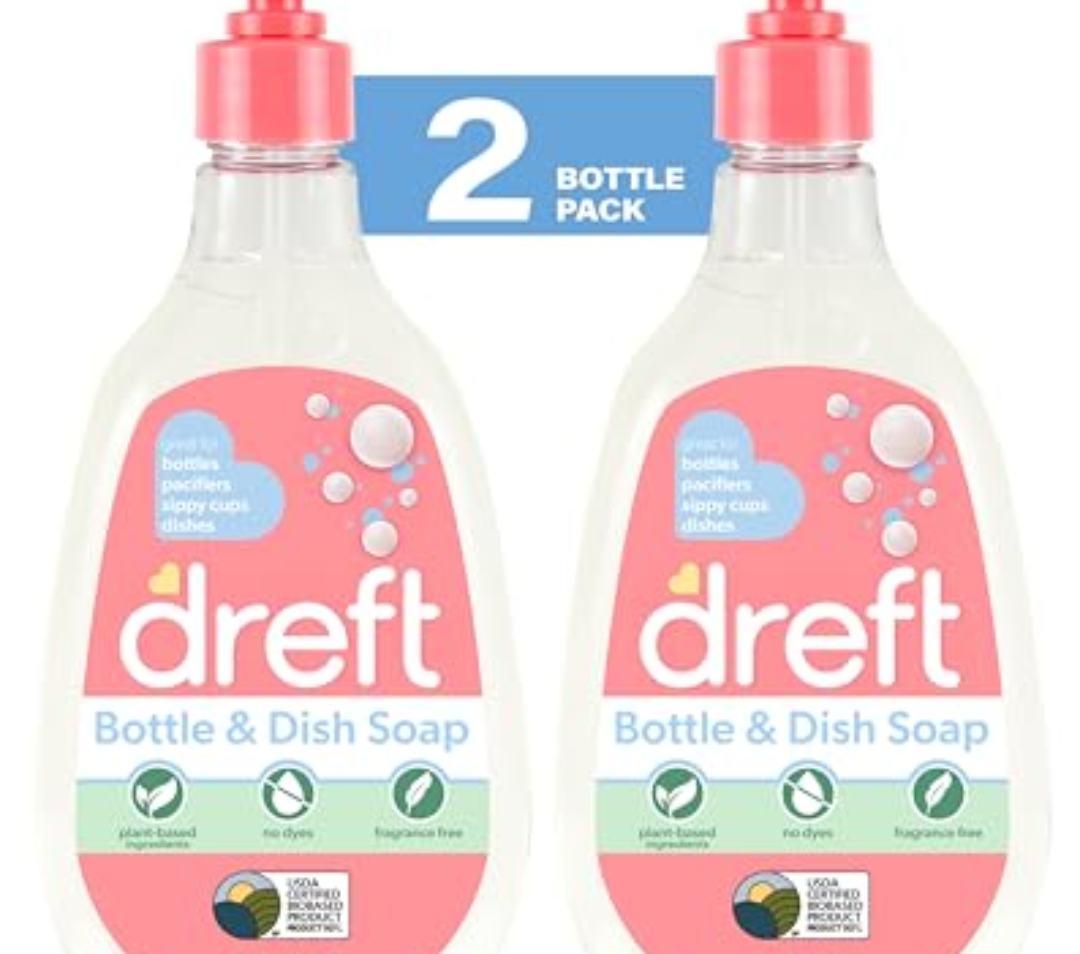 Dreft Baby, Bottle and Dish Soap, Removes Milk Film & Odor, Plant Based, Fragrance Free, Travel Size Bottles, 18 Fl Oz (Pack of 2)