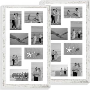 Hongkee 12x22 Picture Frame Set of 2, Distressed White with Glass Collage Frame, Display Eight Opening 4x6 Photos With Mat or 12 x 22 Newspaper Without Mat - Horizontal or Vertical Wall Mounting, 12x22 in Matted to 8-4x6