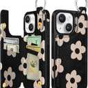 for iPhone 15 Plus Wallet Case with Card Holder, Cute Funny Designer Black Flower Pattern Kickstand Magnetic Clasp Back Flip Folio Leather Cases for iPhone 15 Plus Phone for Girls Women Boys