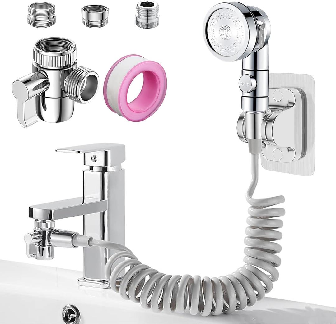 Sink Faucet Sprayer Attachment Set, Kitchen Bathroom Pet Bathing Shower Head with 9.8ft Hose and G1/2, 55/64", 15/16" Faucet Adapters, Hair Washing, Dog Shower and More (Gray)