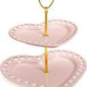 Paris Hilton 2-Tier Heart Serving Tray, Iconic Ceramic Stoneware with Metal Handle, Easy Assembly for Stylish Display, 9-Inch and 7-Inch Plates, Pink