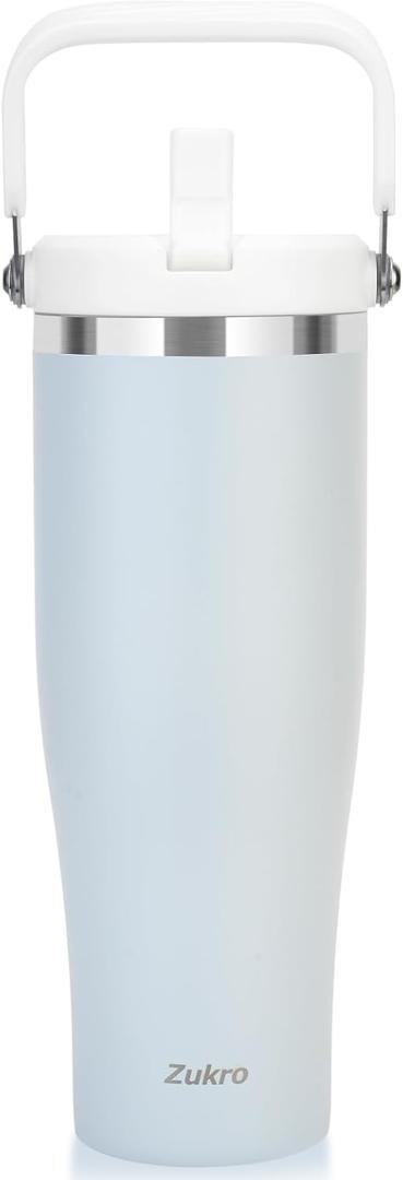 Zukro 50 OZ Tumbler With Flip Straw |Stainless Steel Water Jug With Top Handle For Gym, Outdoors, Car |Large Leak Proof Triple-wall Vacuum Insulated Water Bottle Keeps Cold 34 Hours & Easy Carry (Cloud)