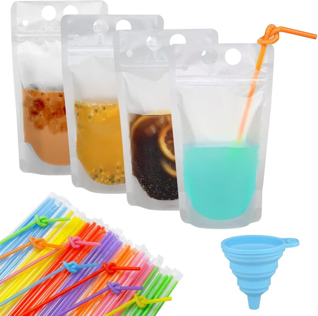 100 Pcs Zipper Plastic Pouches Drink Bags,Heavy Duty Hand-Held Translucent frosted Reclosable Stand-up Bag 2.4" Bottom Gusset with 100pcs Straws & Funnel Included (clear)