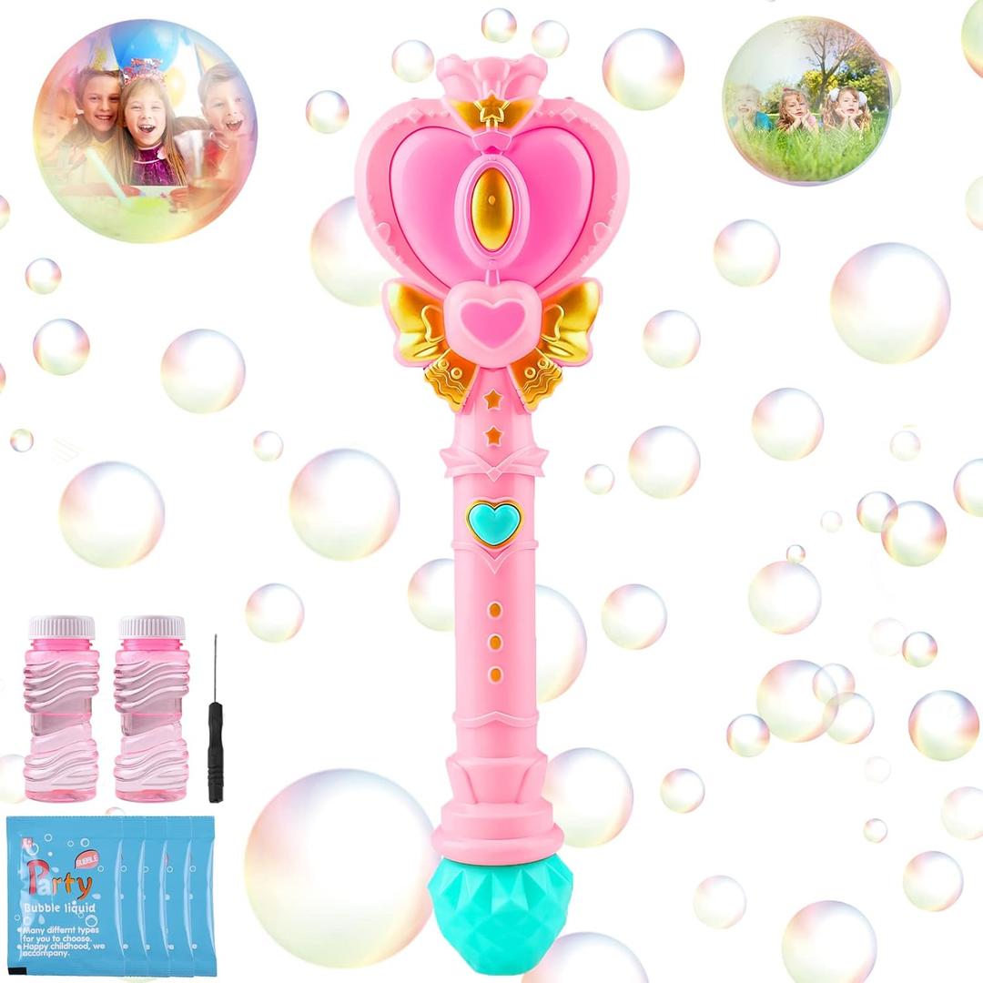 Bubble Wand for Kids, Princess Heart Bubble Machine Blower Maker Wand with Light, Easter Basket Stuffers Outdoor Toys Gifts for 1 2 3 4 5 6 7 8 Years Old Toddlers Little Girls Include Bubble Solution (Pink)