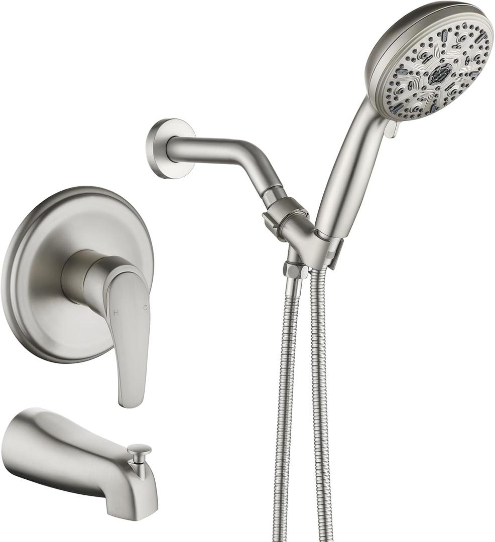 Tub Shower Faucet Set with 10 Spray Handheld Shower Brushed Nickel Shower Head and Handle Set Shower System with Tub Spout 4.7 Inch Shower Handheld Shower Fixtures Tub and Shower Trim Kit