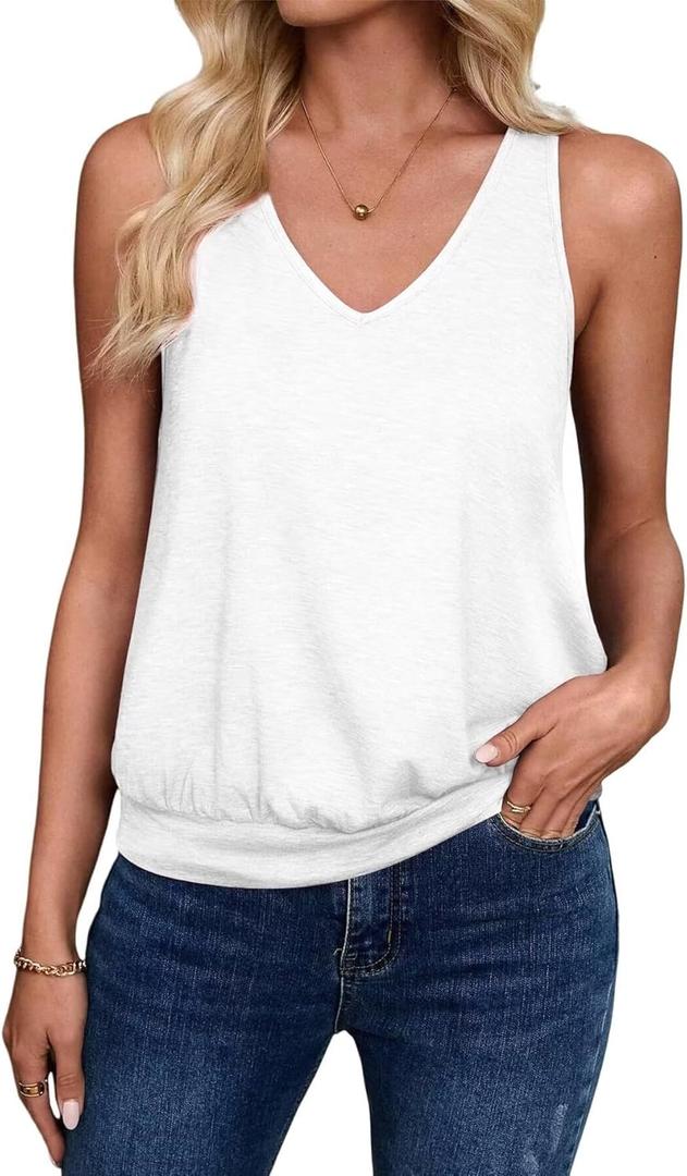 Sialois Womens Tank Casual V Neck Summer Spring Beach Vacation Clothes Loose Fit Cute Outfit 2026 Fashion Sleeveless Tops (Large, White)